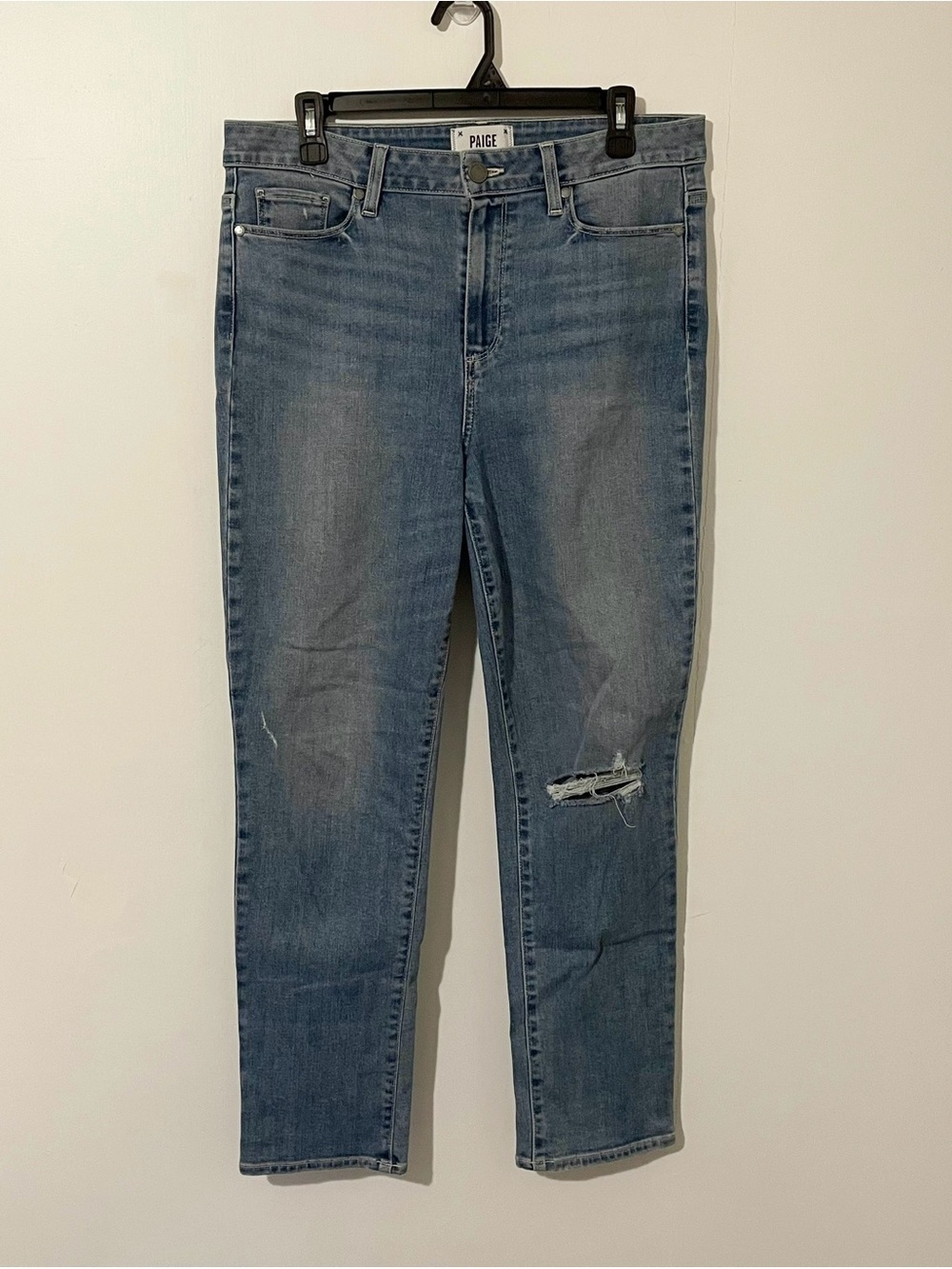 Paige Hoxton Slim Straight Leg Blue Denim Jeans Size 32 With Distressing
